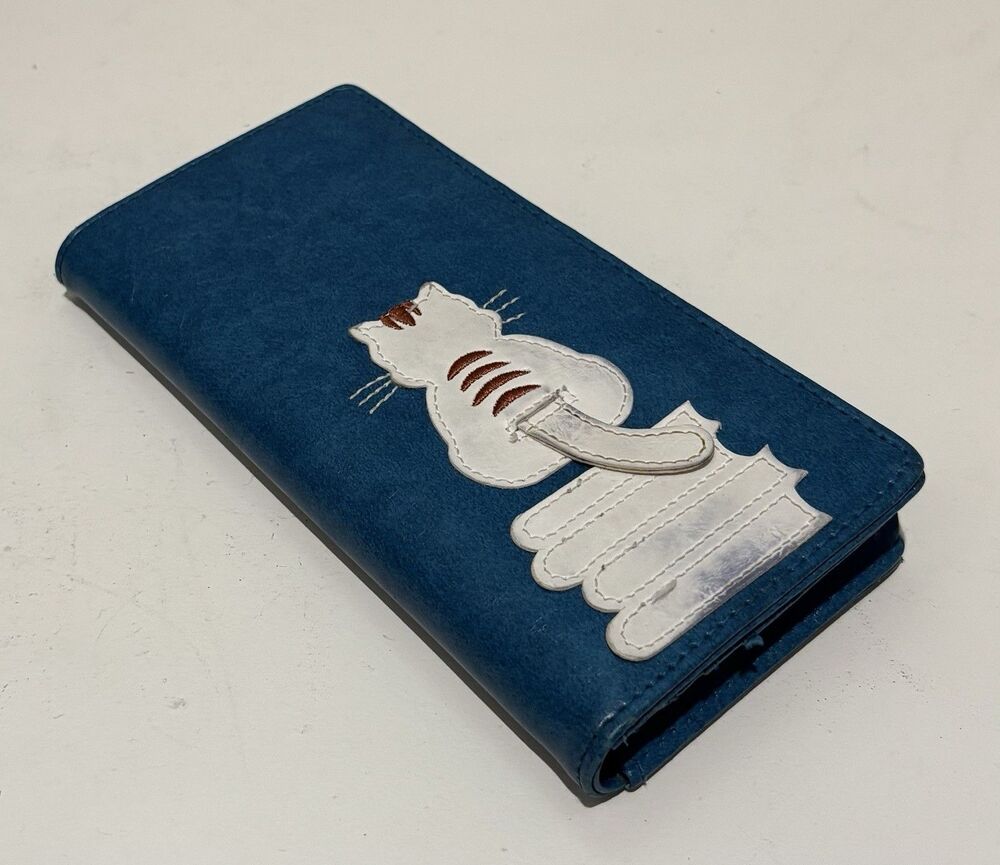 Lavishy Cat On Books Long Fold Over Wallet Blue Vegan Leather